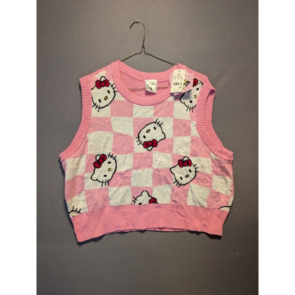 Hello Kitty Sanrio Sweater Vest Womens 2XL Pink White Checkered Knit Cropped NEW